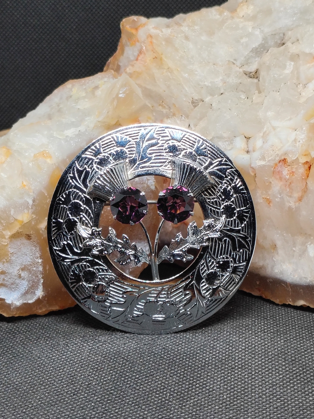 Mizpah Vintage Silver Tone Thistle Brooch with Purple Rhinestone Accents